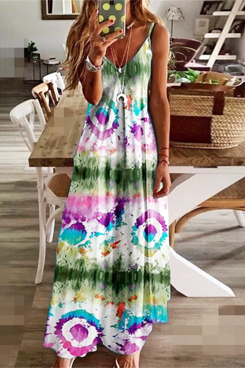 Tie Dye Print Sling Sleeveless Maxi Dress