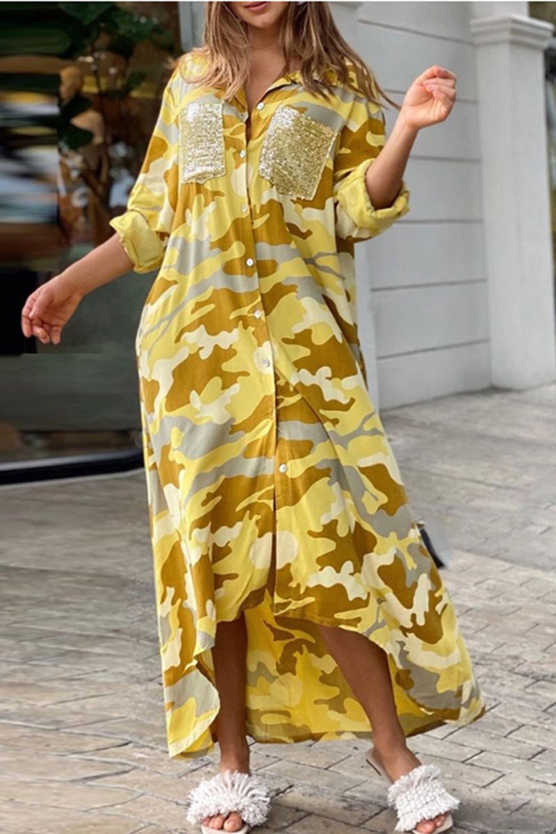 Camouflage Long Sleeve Maxi Shirt Dress