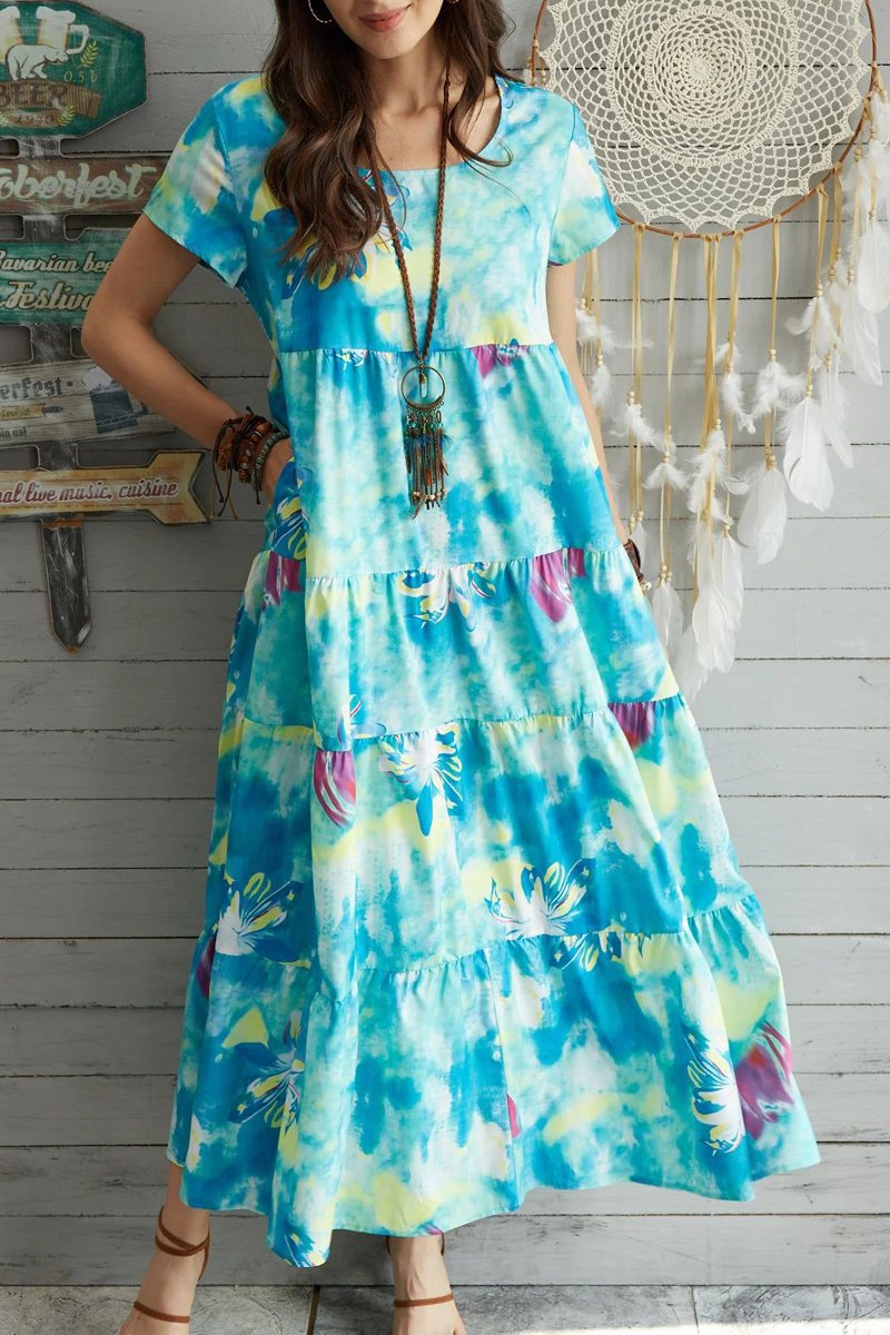 Tie Dye Floral Print Maxi Dress