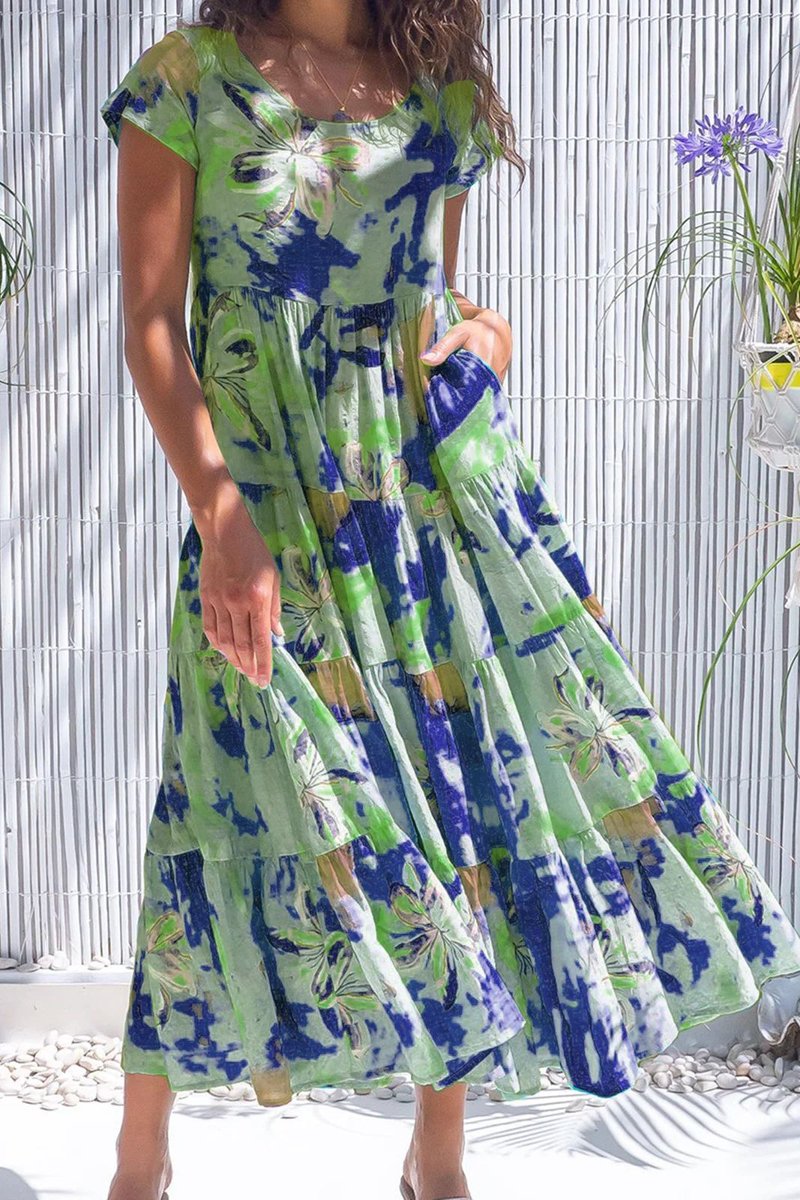 Tie Dye Floral Print Maxi Dress