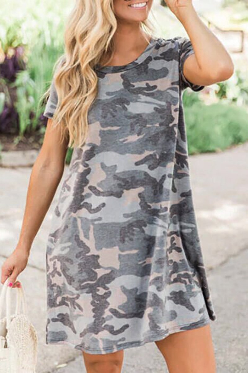 Camouflage Print Round Neck Casual Dress