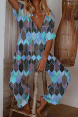 Color Block Short Sleeve Casual Jumpsuit