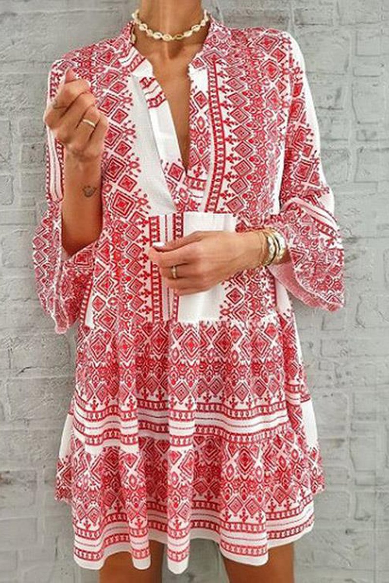 Vintage Geometric Pattern V-Neck Dress