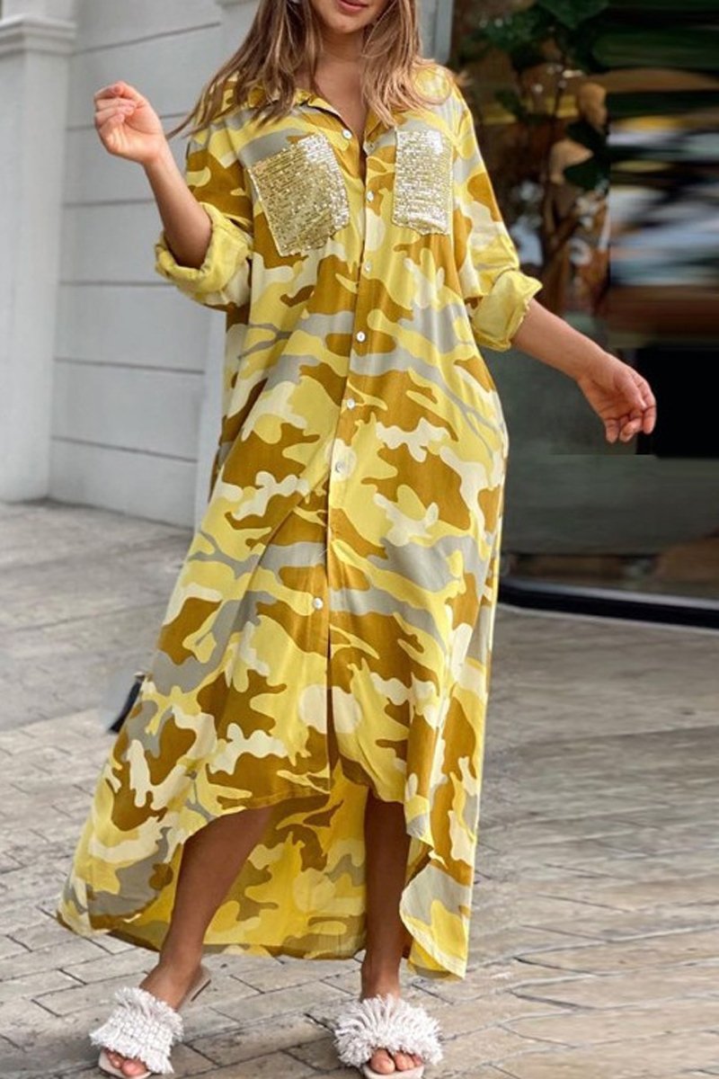 Camouflage Long Sleeve Maxi Shirt Dress