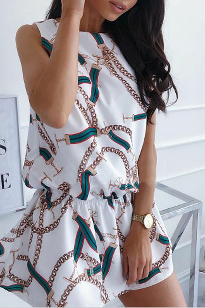 Chain Print Sleeveless Drawstring Waist Dress