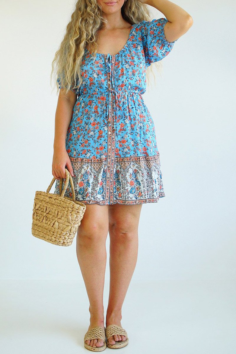 Bohemian Floral Lace Up Neckline Dress