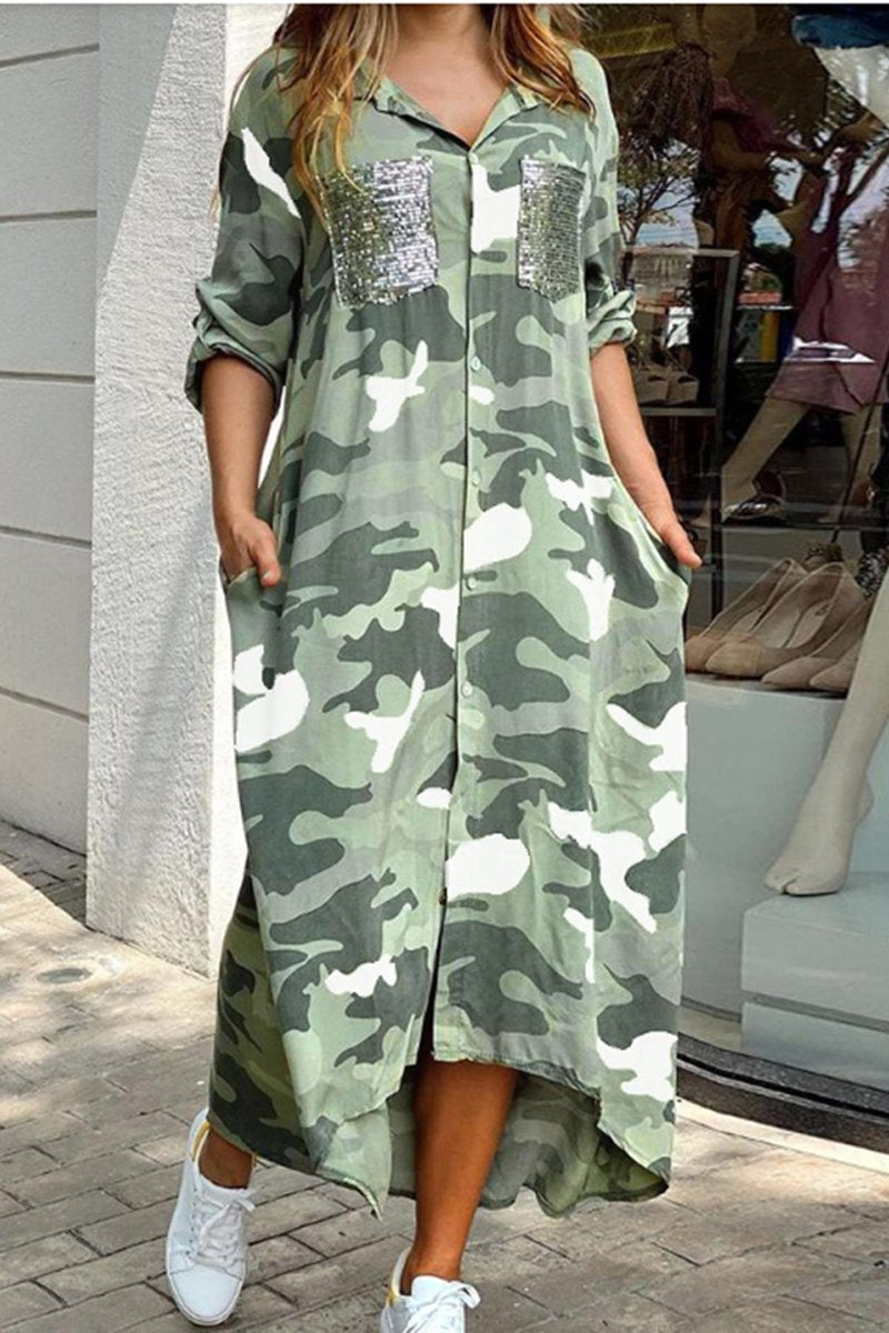 Camouflage Long Sleeve Maxi Shirt Dress