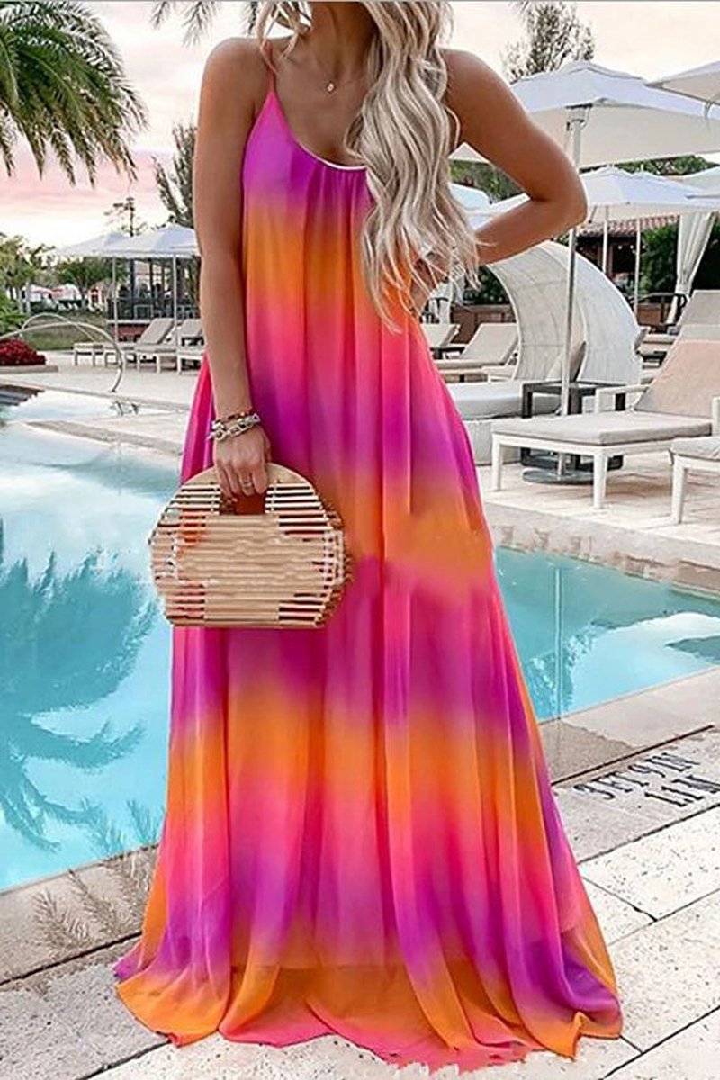 Bohemian Gradient Color Sling Maxi Dress