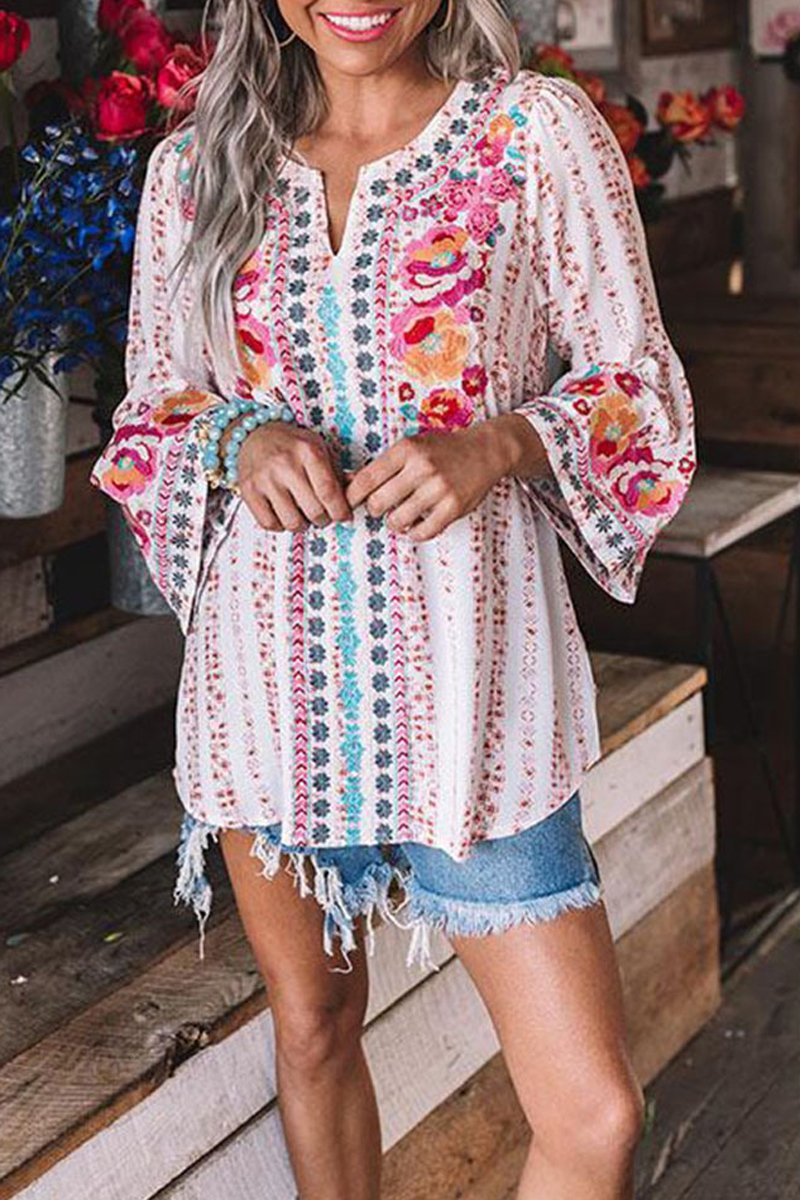 Bohemian V-Neck Long Sleeve Blouse