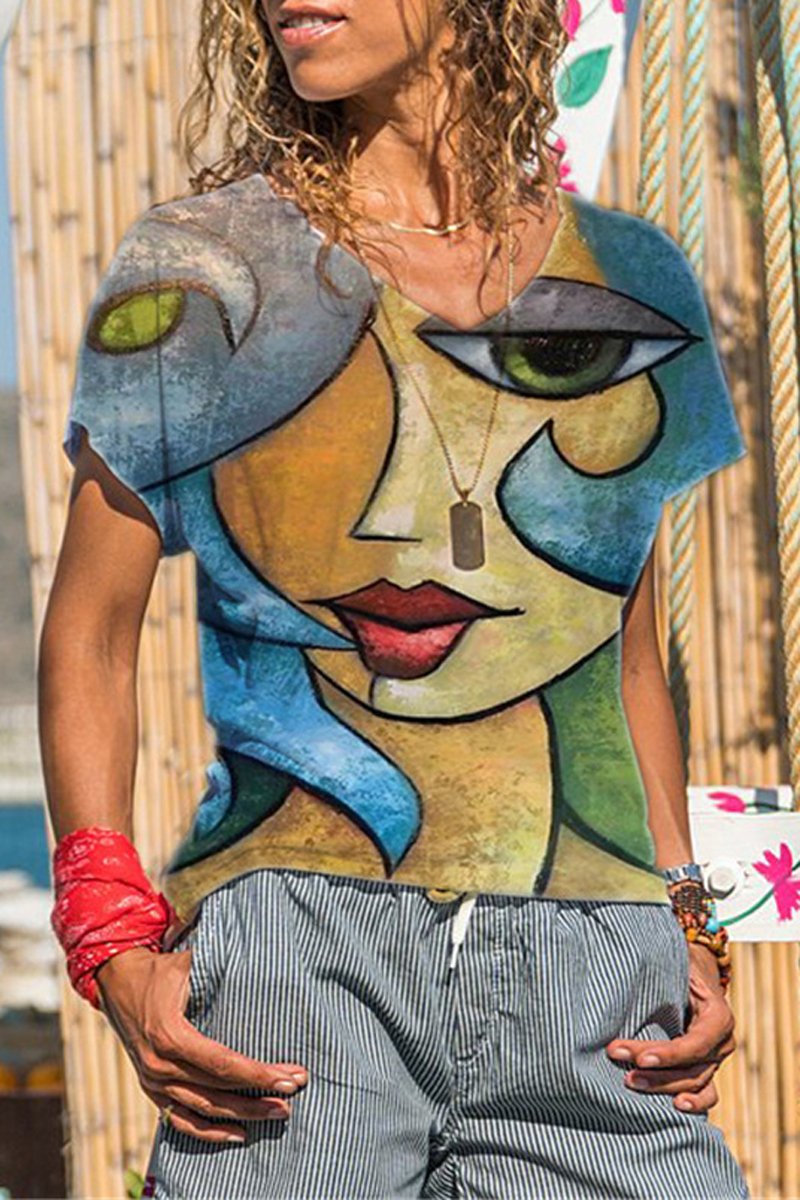 Character Print V-Neck Casual T-Shirt