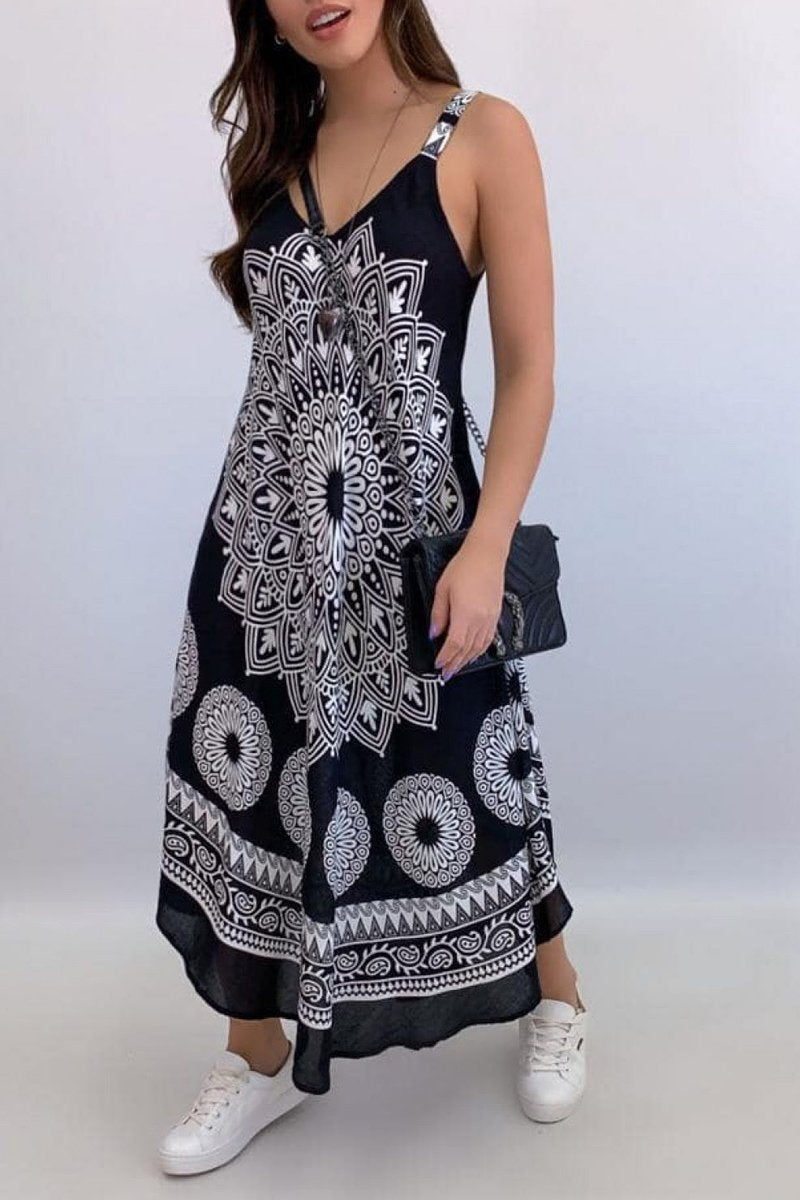 Vintage Print Strapped Sling Dress