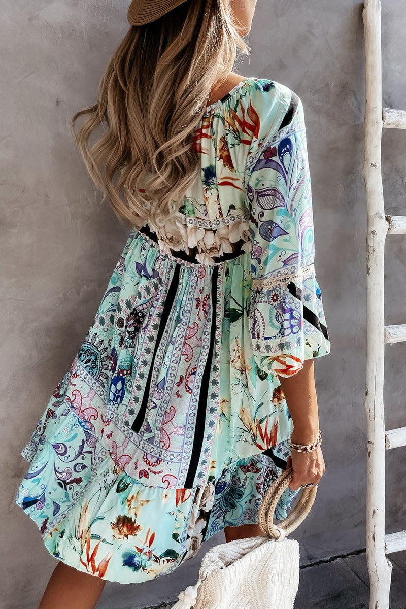 Bohemian Lace Up Patchwork Dress