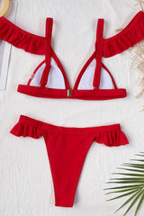 Cold Shoulder Plain Ruffles Bikini Set