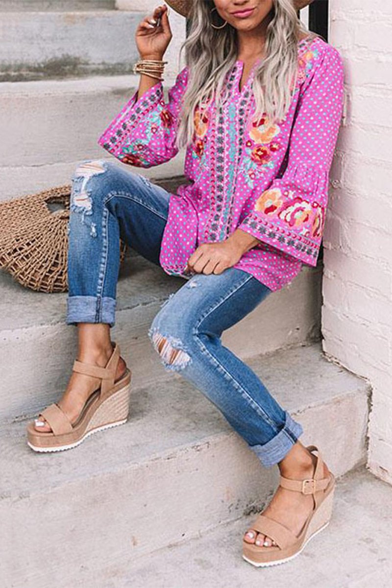 Bohemian V-Neck Long Sleeve Blouse