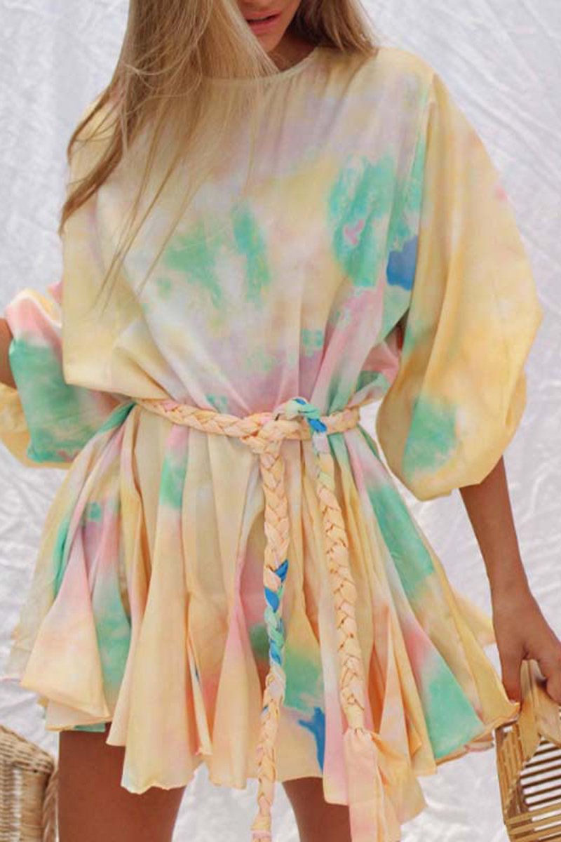 Tie Dye Print Lantern Sleeve Weave Dress(With Belt)