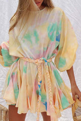 Tie Dye Print Lantern Sleeve Weave Dress(With Belt)