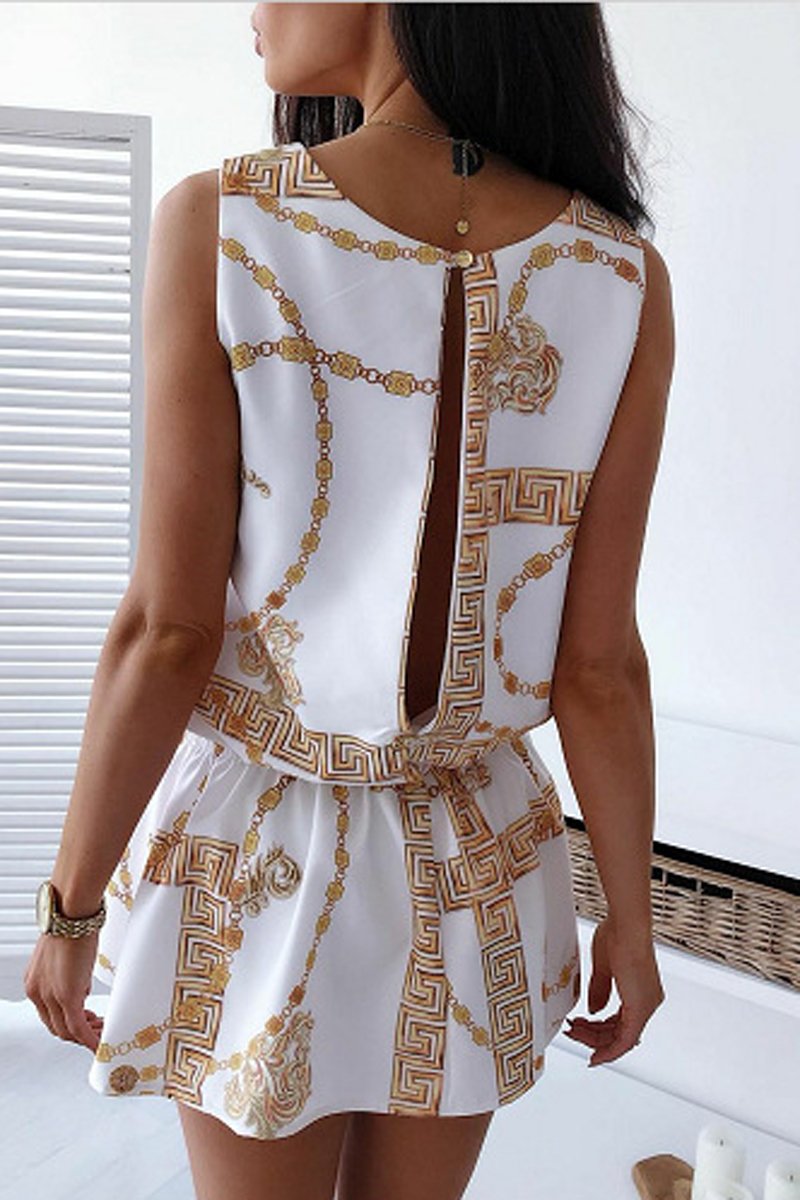 Chain Print Sleeveless Drawstring Waist Dress