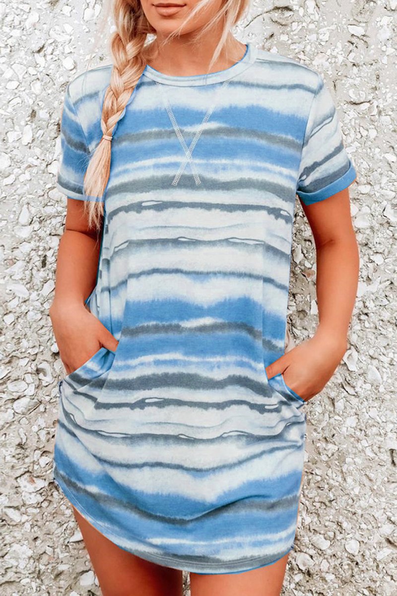 Tie Dye Stripe Pockets Casual Dress