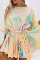 Tie Dye Print Lantern Sleeve Weave Dress(With Belt)