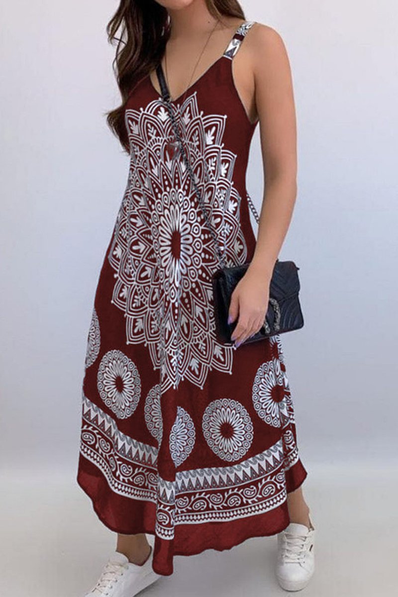 Vintage Print Strapped Sling Dress