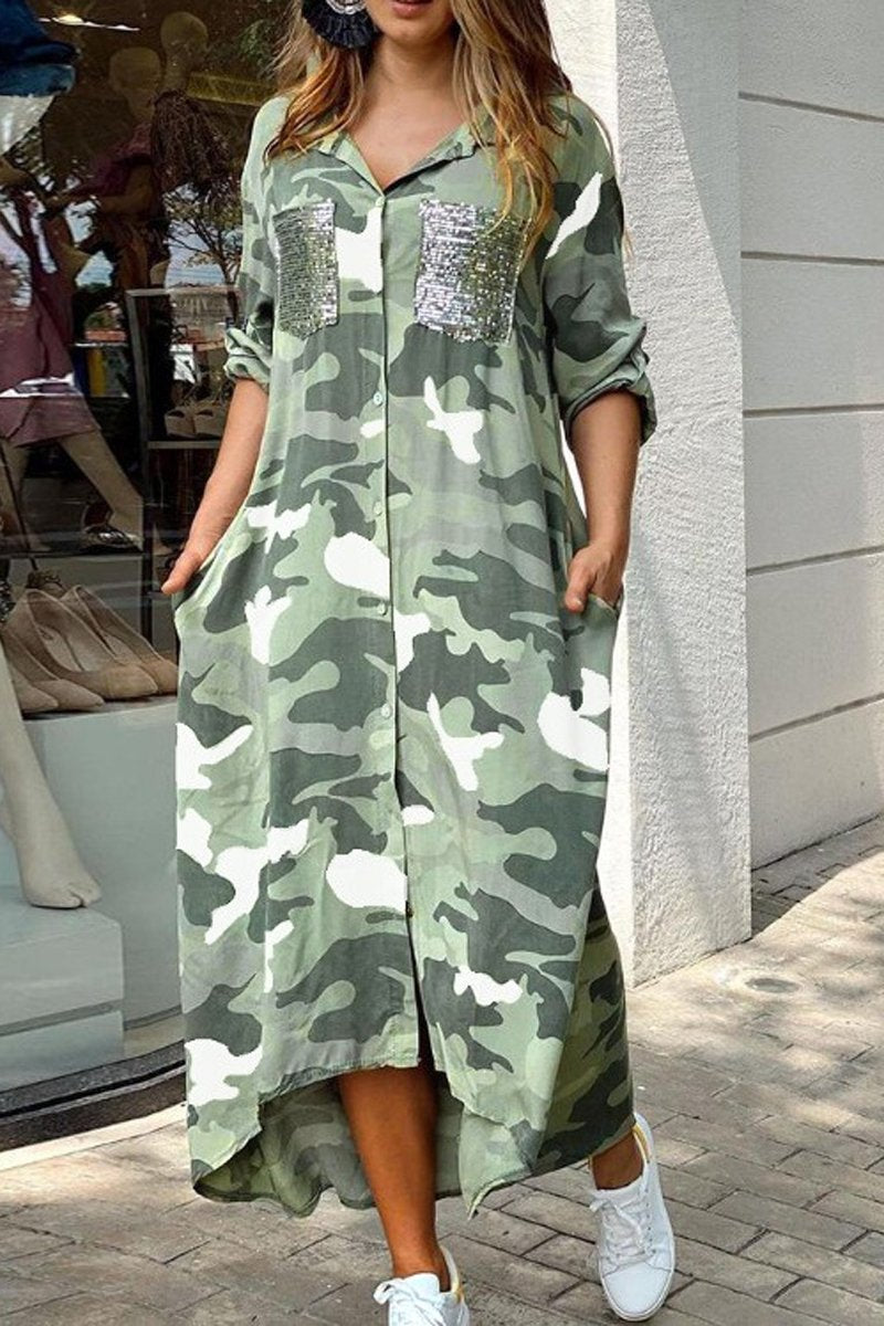 Camouflage Long Sleeve Maxi Shirt Dress