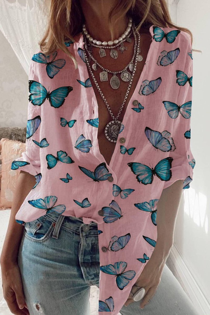 Butterfly Print Stand Collar Blouse