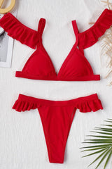 Cold Shoulder Plain Ruffles Bikini Set