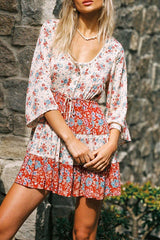 Bohemian Floral Print Drawstring Waist Dress