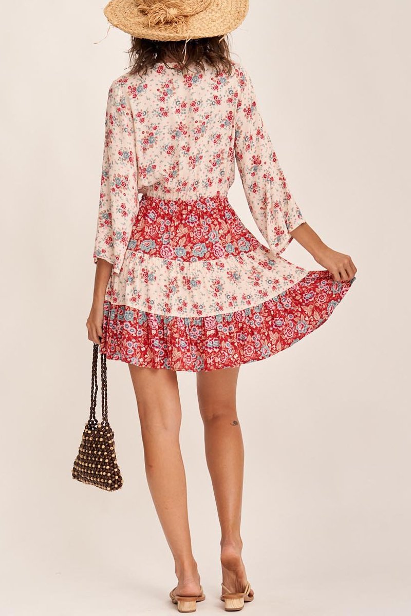 Bohemian Floral Print Drawstring Waist Dress