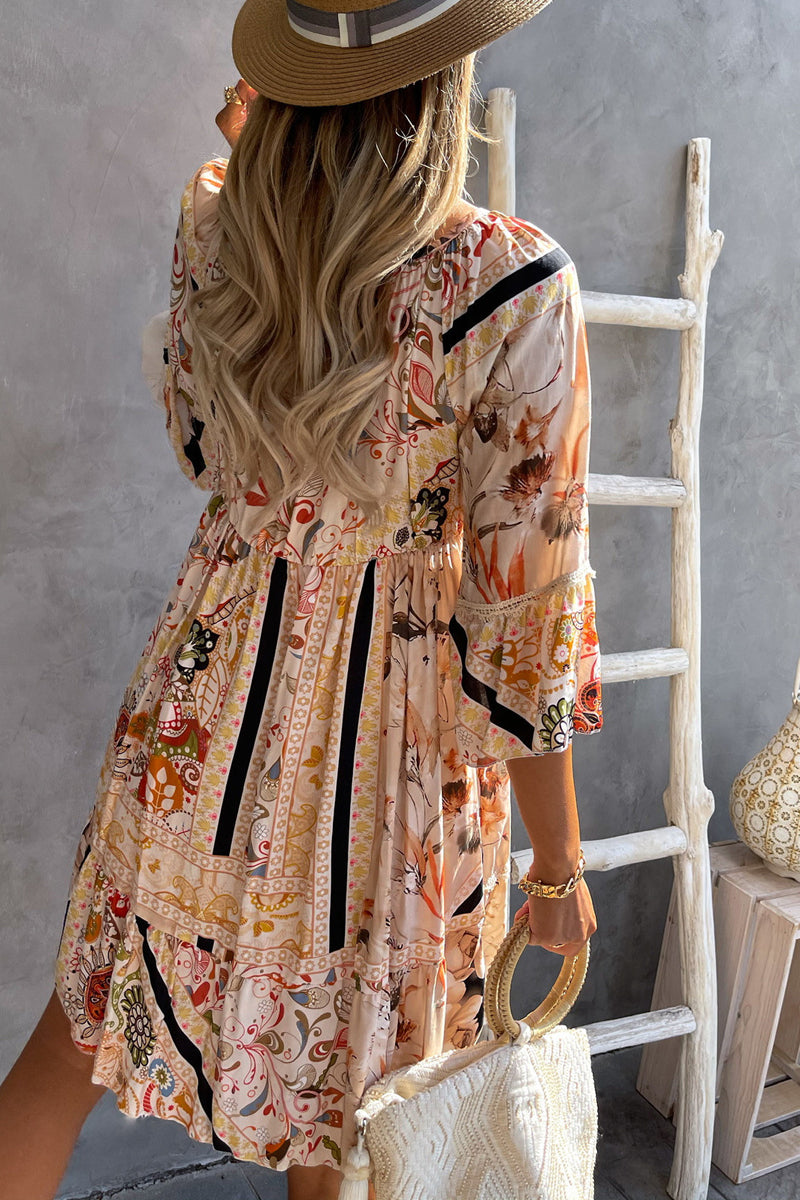 Bohemian Lace Up Patchwork Dress