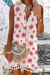 Bohemian Printed Sleeveless Tassel Dress