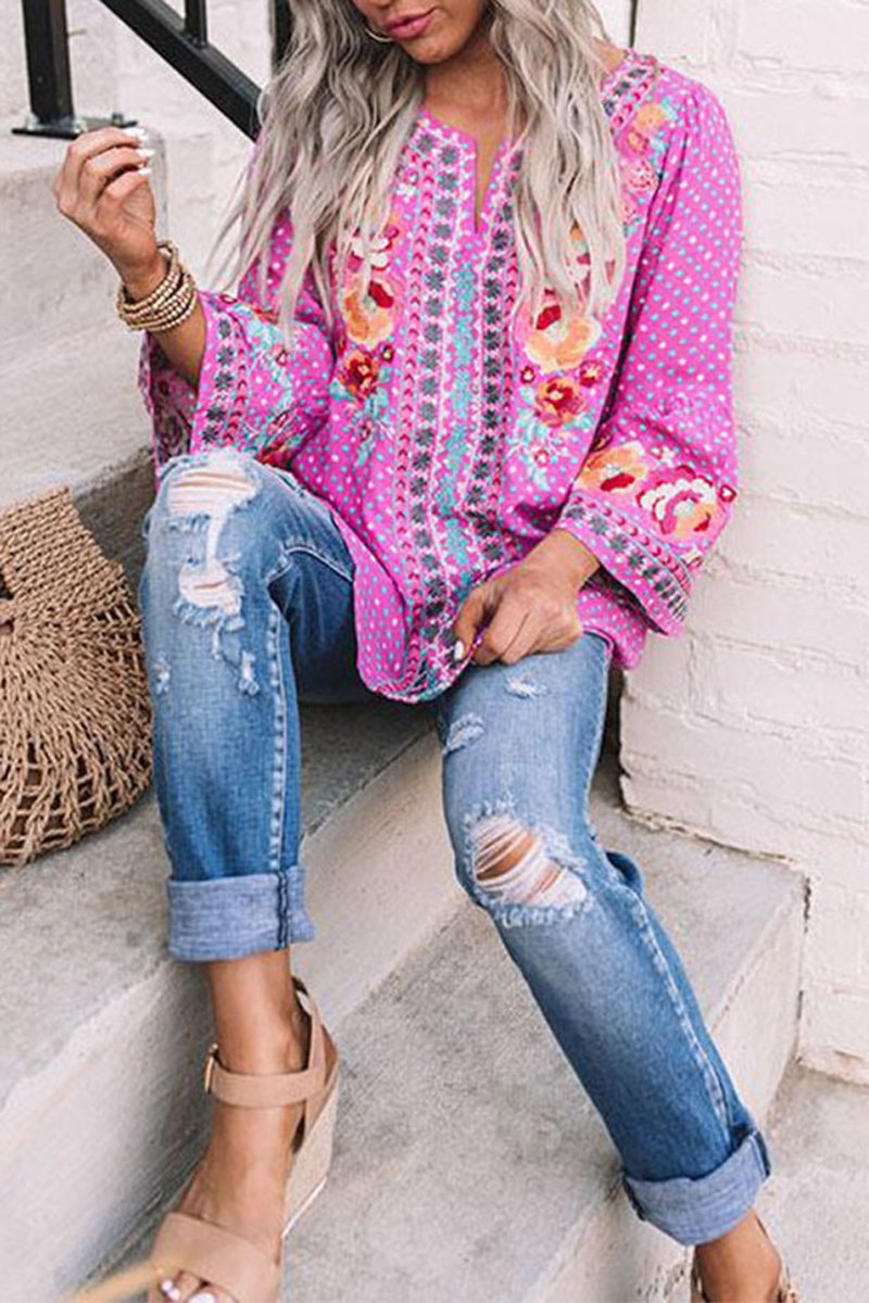 Bohemian V-Neck Long Sleeve Blouse