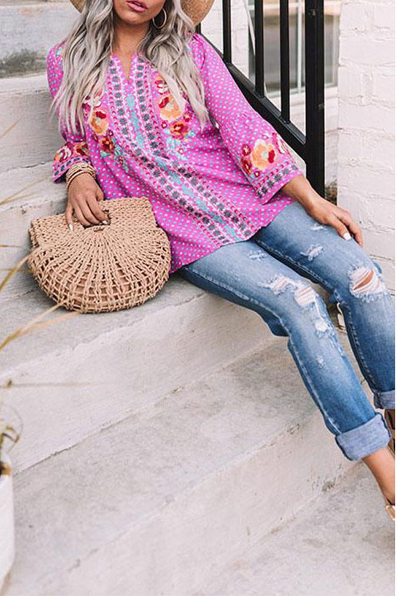 Bohemian V-Neck Long Sleeve Blouse