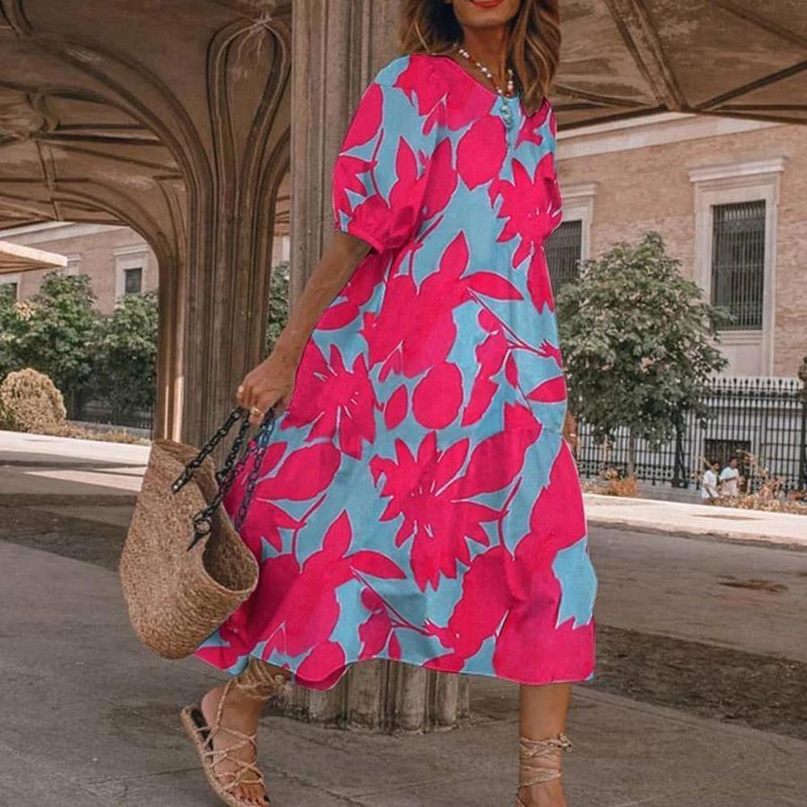 Contrast Color Floral Round Neck Dress