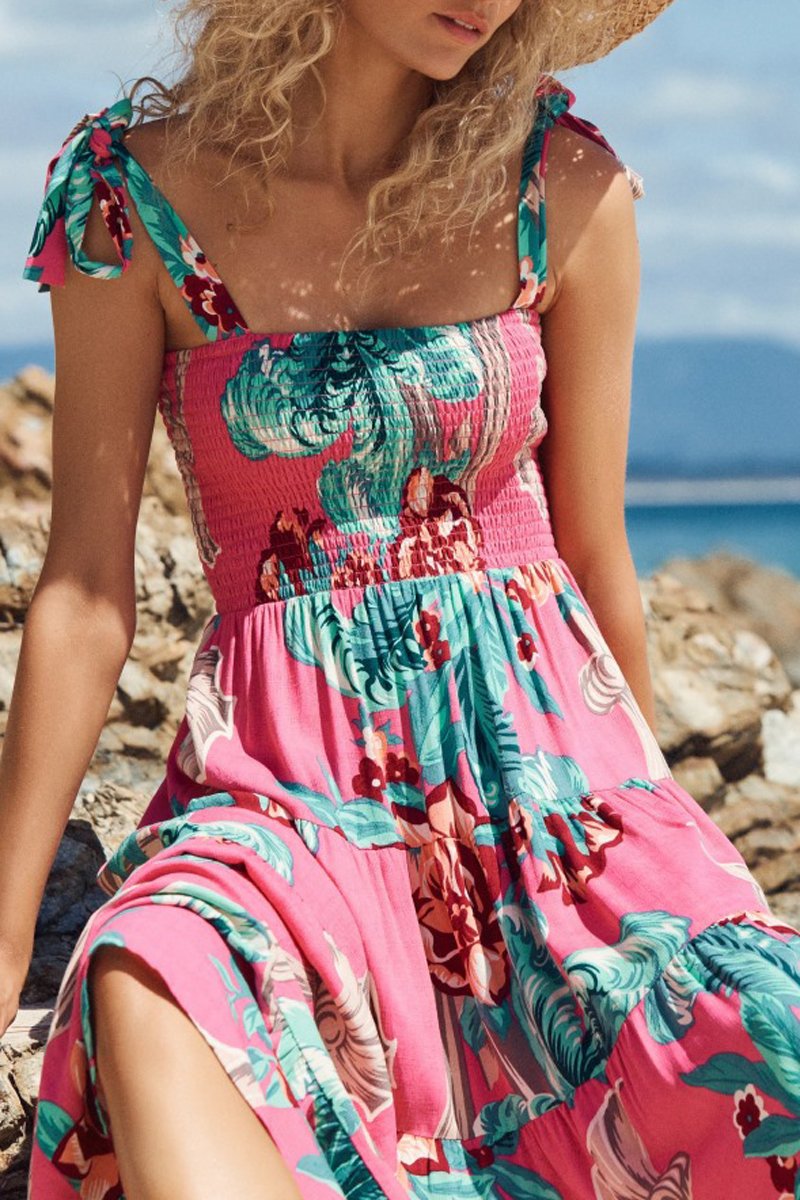 Vacation Print Lace Up Sleeveless Dress