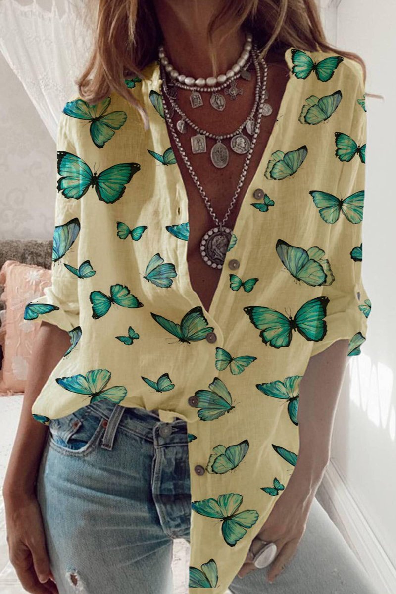 Butterfly Print Stand Collar Blouse