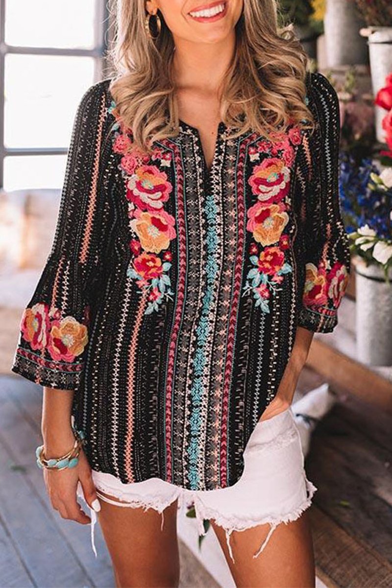 Bohemian V-Neck Long Sleeve Blouse