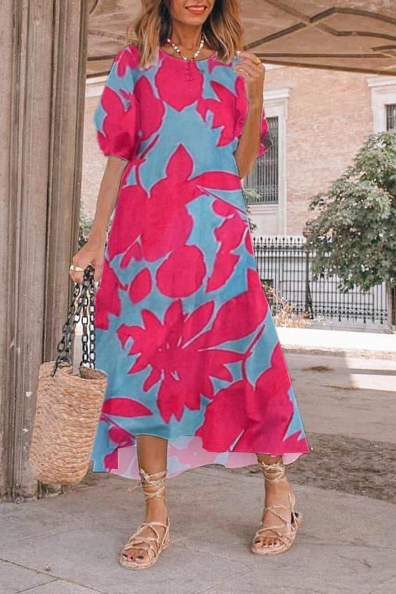 Contrast Color Floral Round Neck Dress