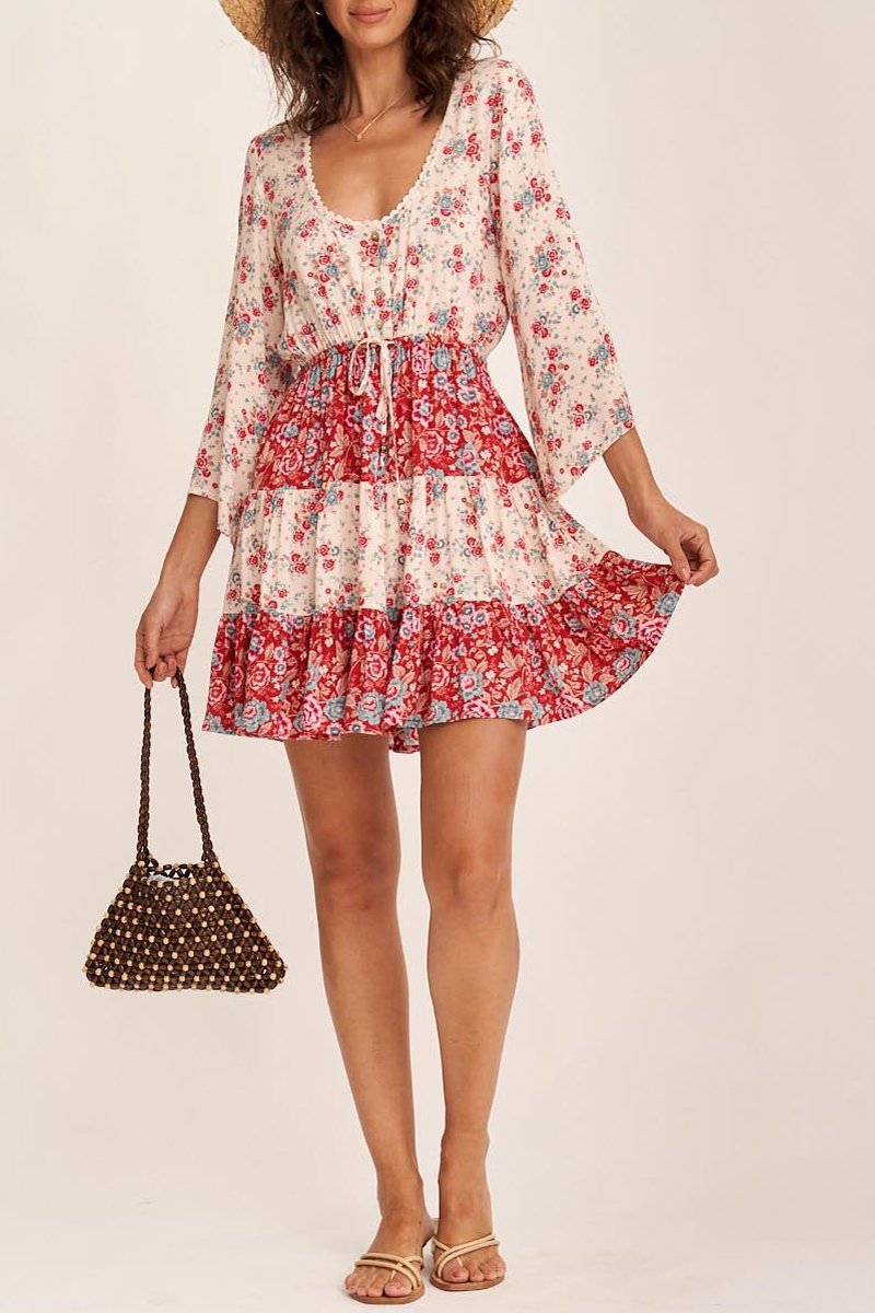 Bohemian Floral Print Drawstring Waist Dress