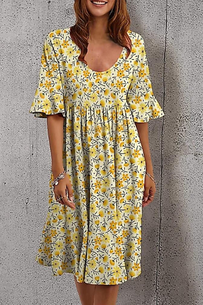 Vintage Floral Print Short Sleeve Midi Dress