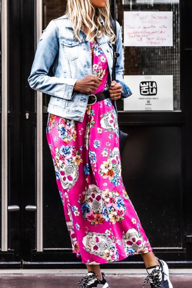 Bohemian Floral Skull Print Maxi Dress