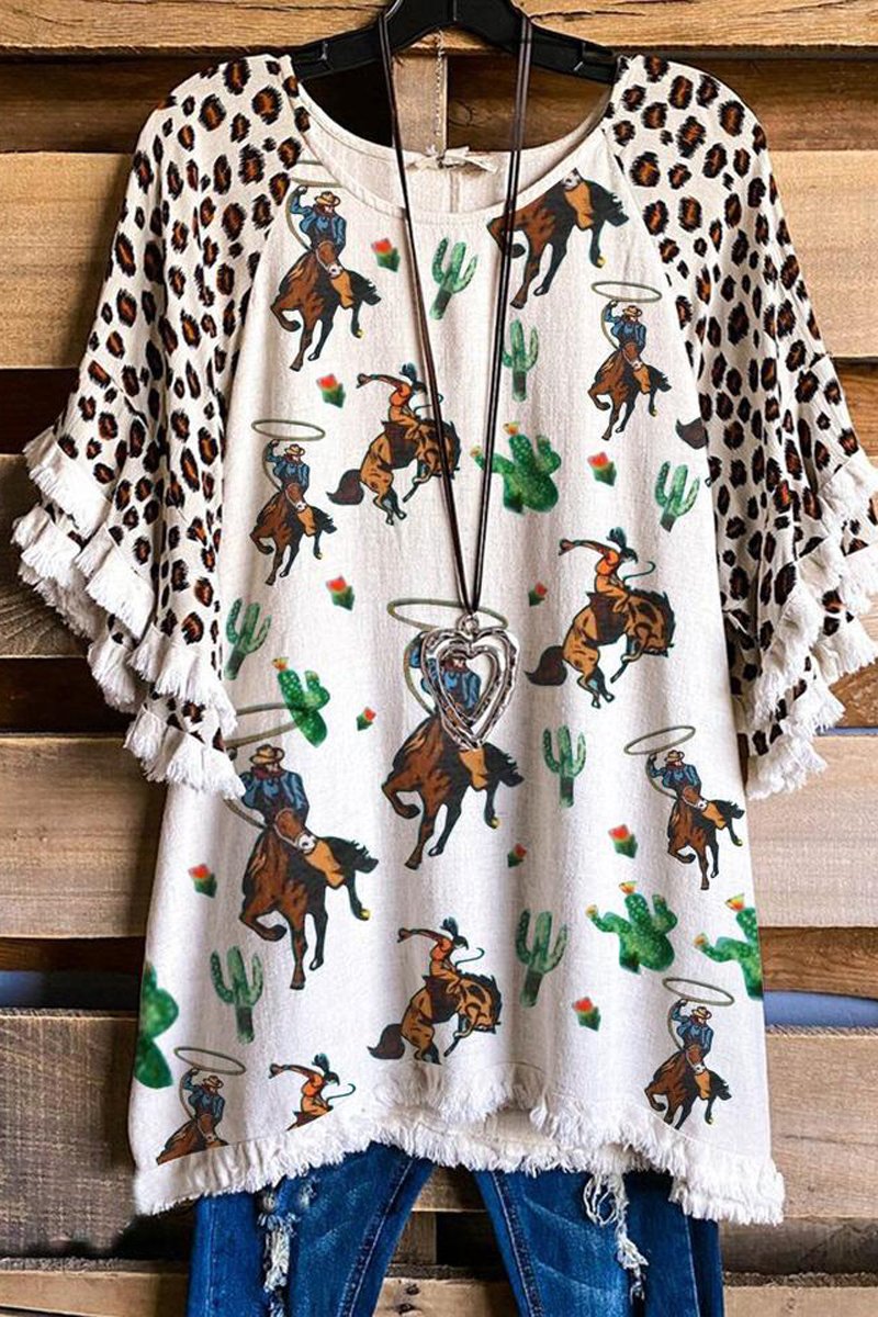 Round Neck Leopard Burrs Print T-Shirt