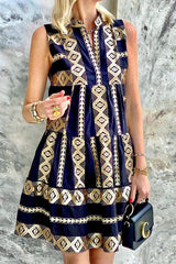 Vintage Printed V-Neck Sleeveless Dress