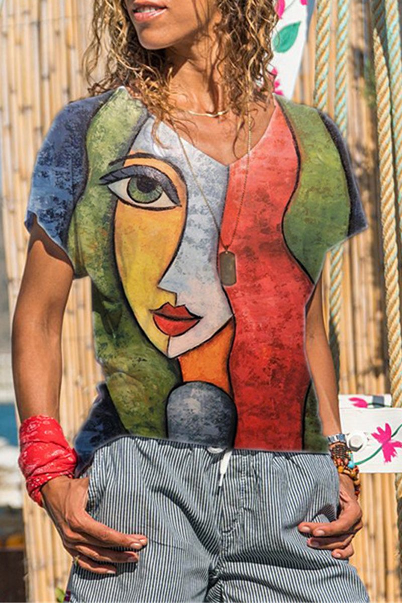 Character Print V-Neck Casual T-Shirt