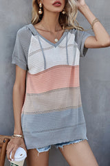 Colorblock Knitted Short Sleeve Hooded T-Shirt