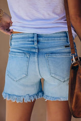 Ripped Fringed Solid Denim Shorts