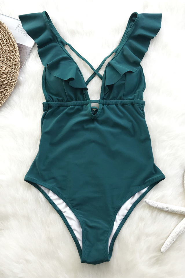 Ruffle V Neck Monokini  Beach Bathing Suit