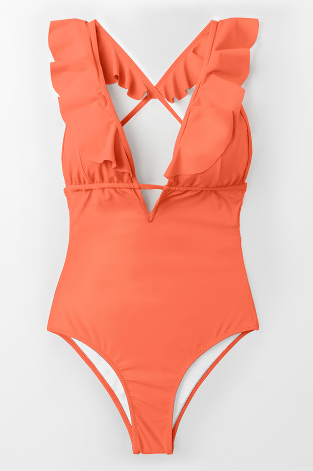 Ruffle V Neck Monokini  Beach Bathing Suit