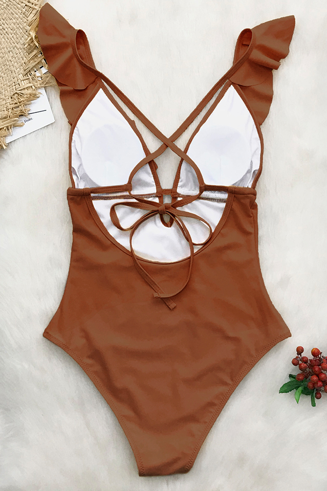 Ruffle V Neck Monokini  Beach Bathing Suit