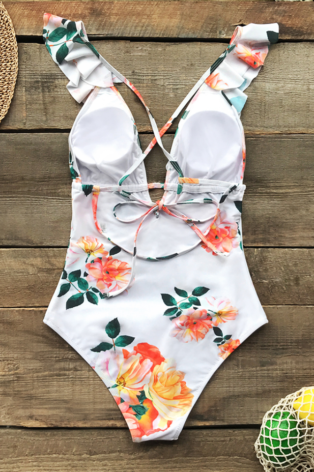 Ruffle V Neck Monokini  Beach Bathing Suit